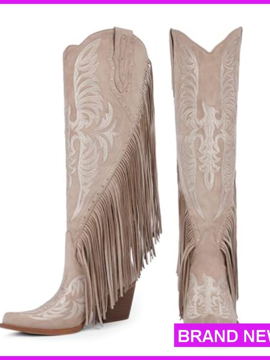 Fringe Cowgirl Boots Knee High Western Embroidered Studded Chunky Heel Pull On - Picture 5 of 7